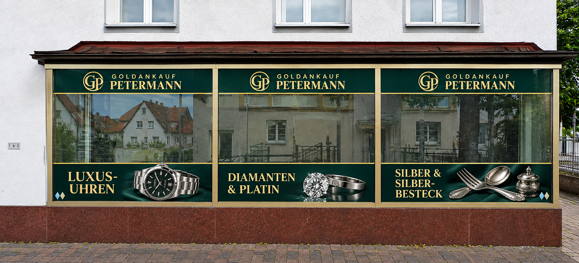 Entwurf der Schaufensterbeschriftung von Goldankauf Petermann, seitliche Ansicht
