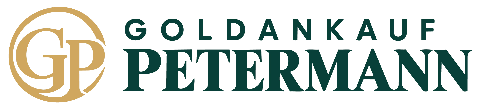 Logo Goldankauf Petermann: goldenes GP-Monogramm mit dunkelgrünem Schriftzug