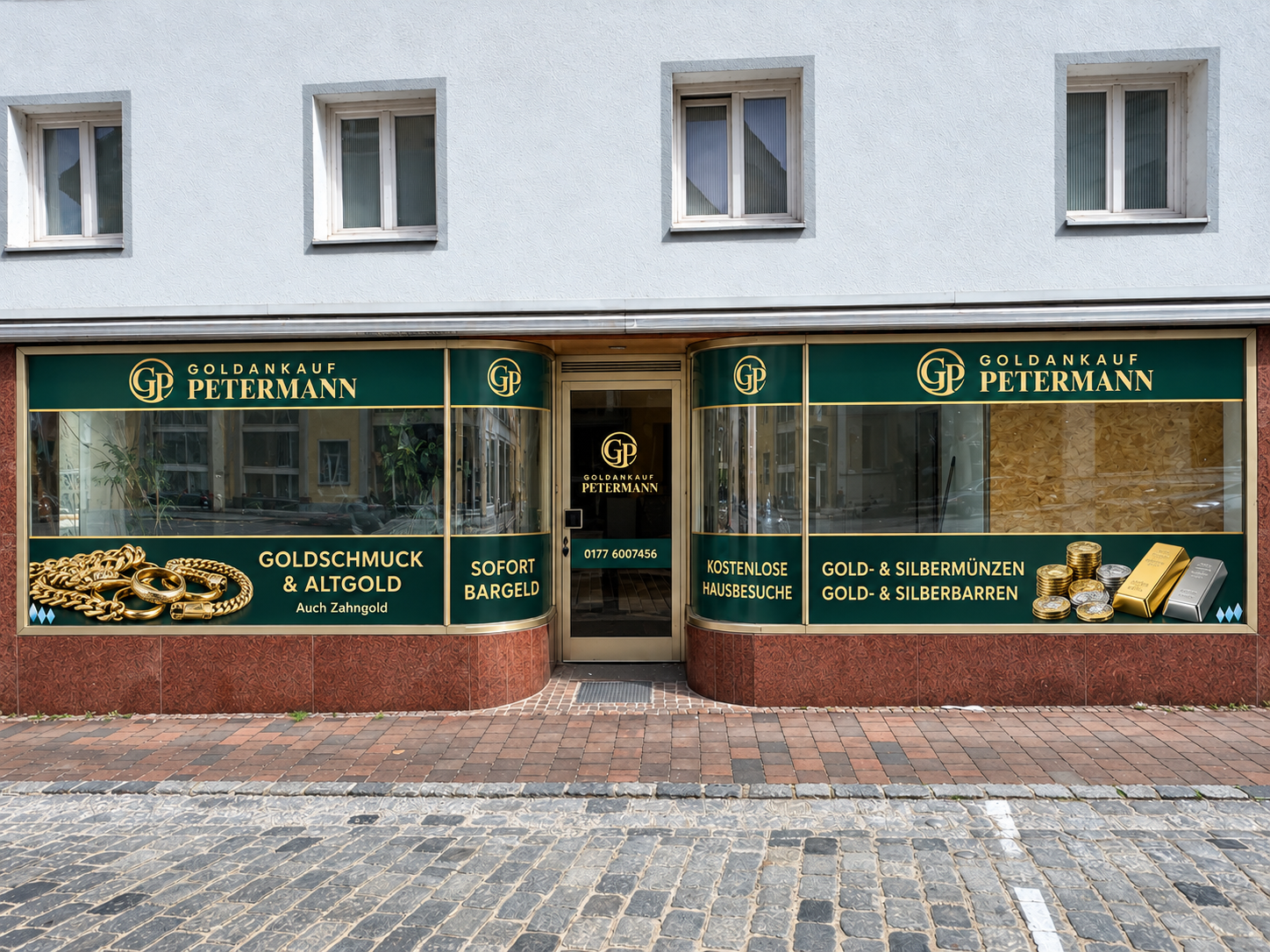 Entwurf der Schaufensterbeschriftung von Goldankauf Petermann, Frontansicht