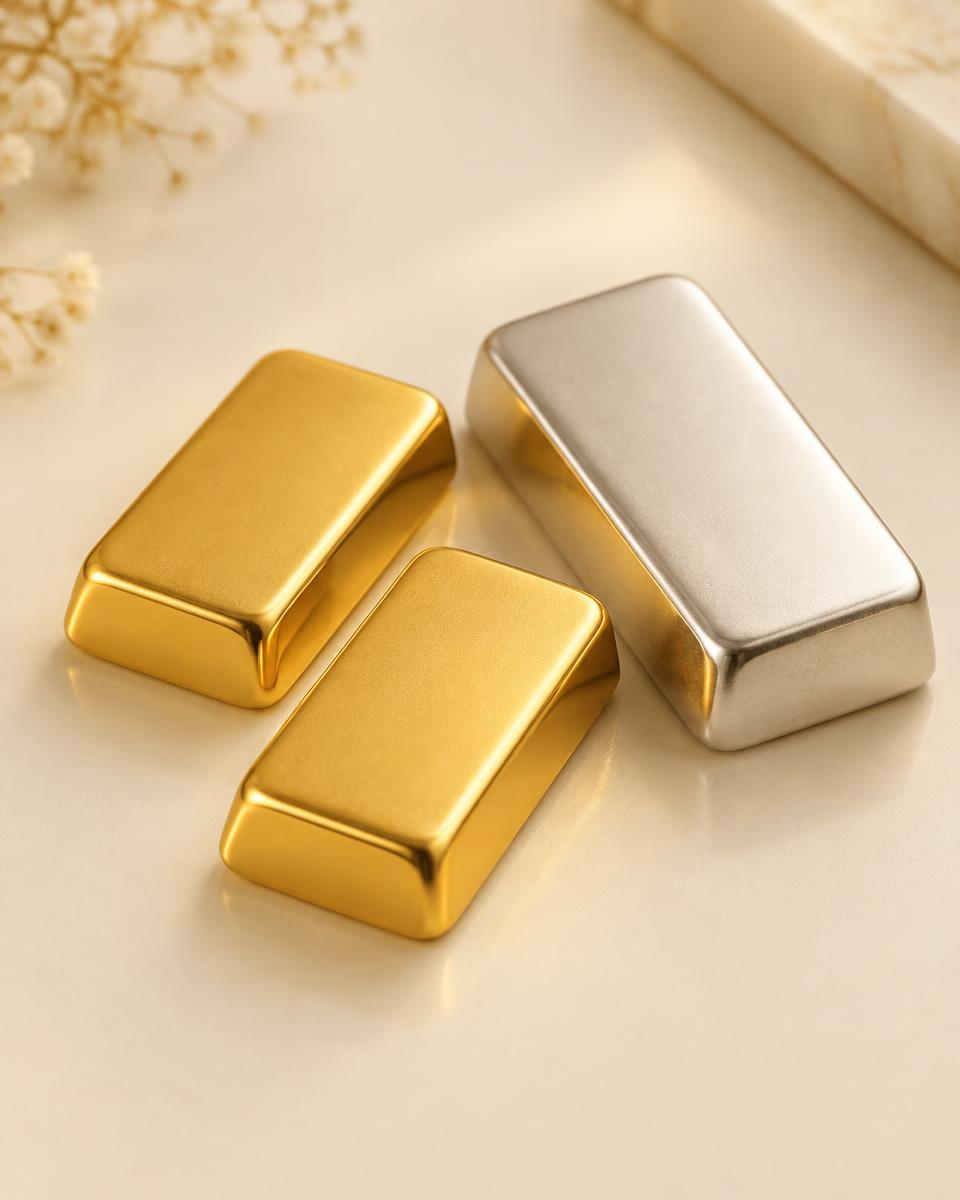 Zwei Goldbarren und ein Silberbarren