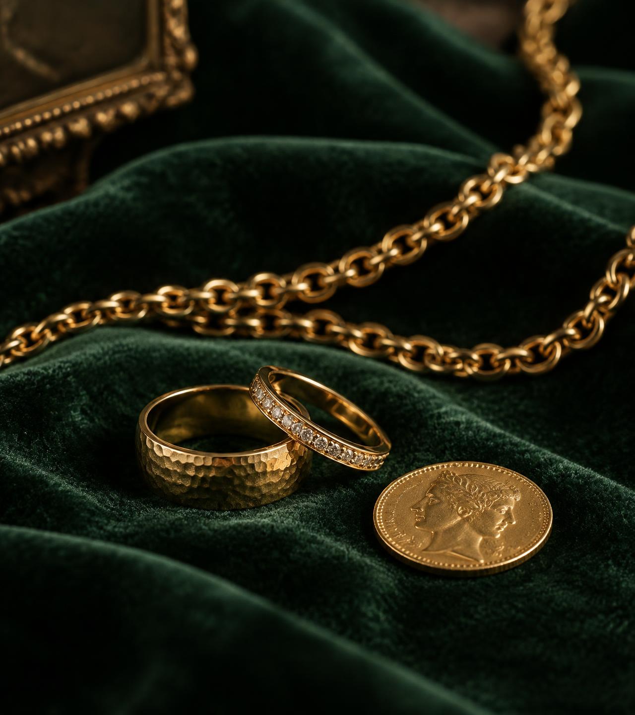 Goldkette, zwei Goldringe und eine Goldmünze auf smaragdgrünem Samt