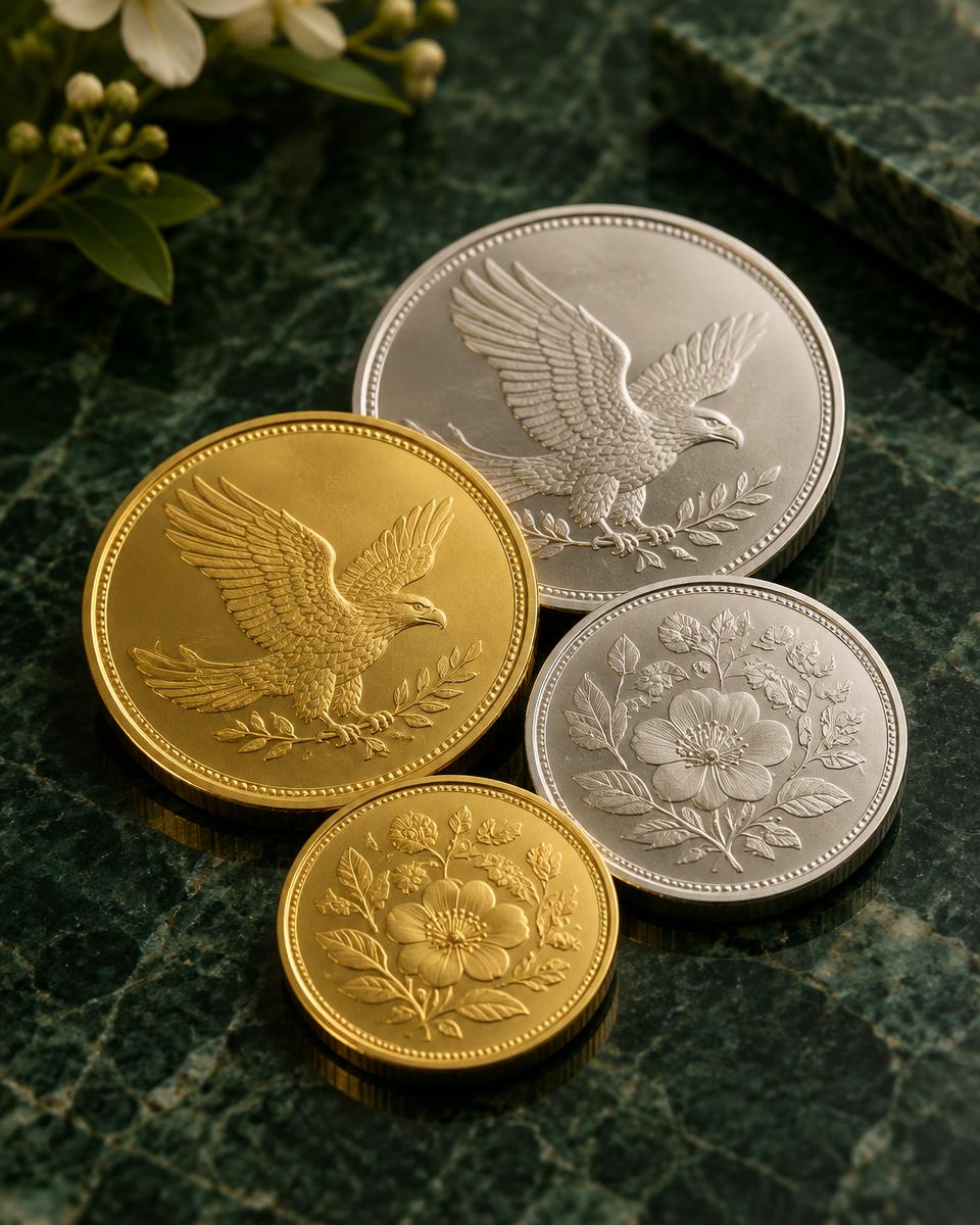 Gold- und Silbermünzen auf grünem Marmor