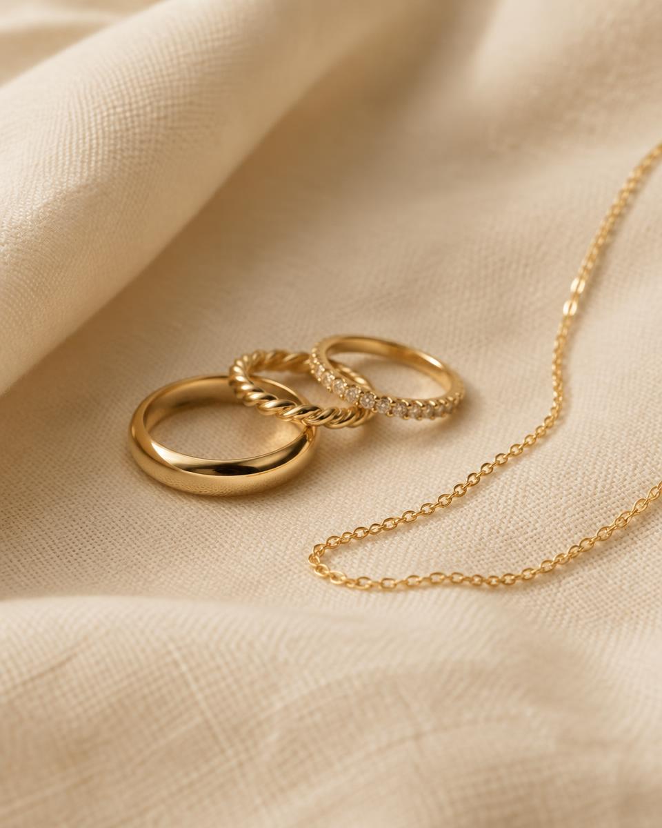 Goldringe und feine Goldkette auf hellem Leinen