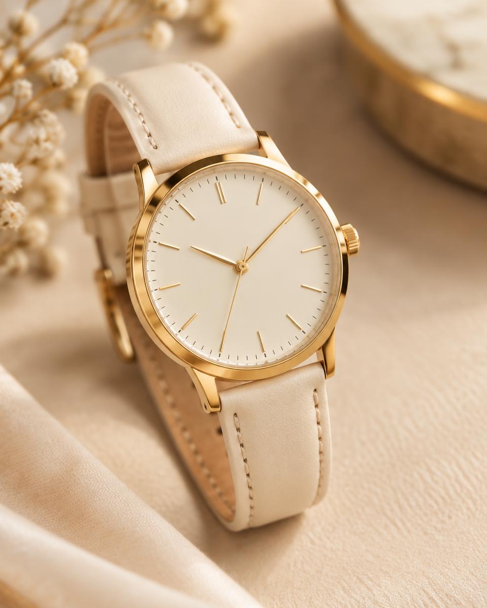 Goldene Armbanduhr mit hellem Lederarmband